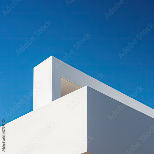 a white building with a blue sky in the background. The building has a modern design and is very stylish.
