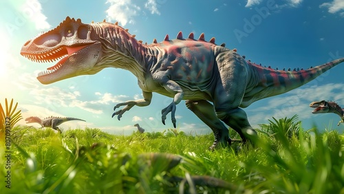 Dinosaur herd roaming grassy field ideal for educational childrens content. Concept Dinosaur  Herd  Grassy Field  Educational  Children s Content