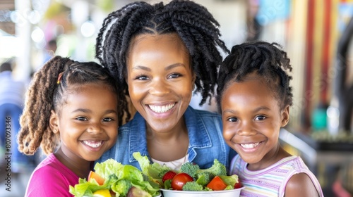 Fototapeta Naklejka Na Ścianę i Meble -    A woman and two young girls happily hold a full bowl of fruits and vegetables