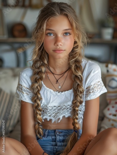 young girl sitting at home ...