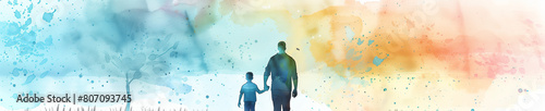 illustration of a father with children, concept of celebrating father's day and equal treatment in raising children, banner with blank space for text