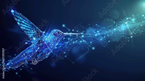 Hummingbird colibri flying bird from futuristic polygonal blue lines and glowing stars AI generate