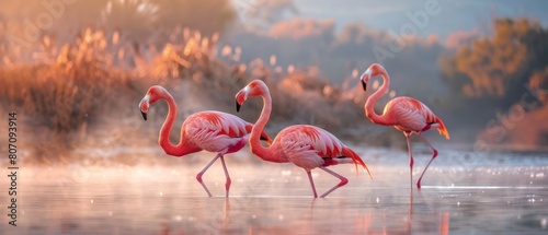 Flamingos wading gracefully in sunrise glow.