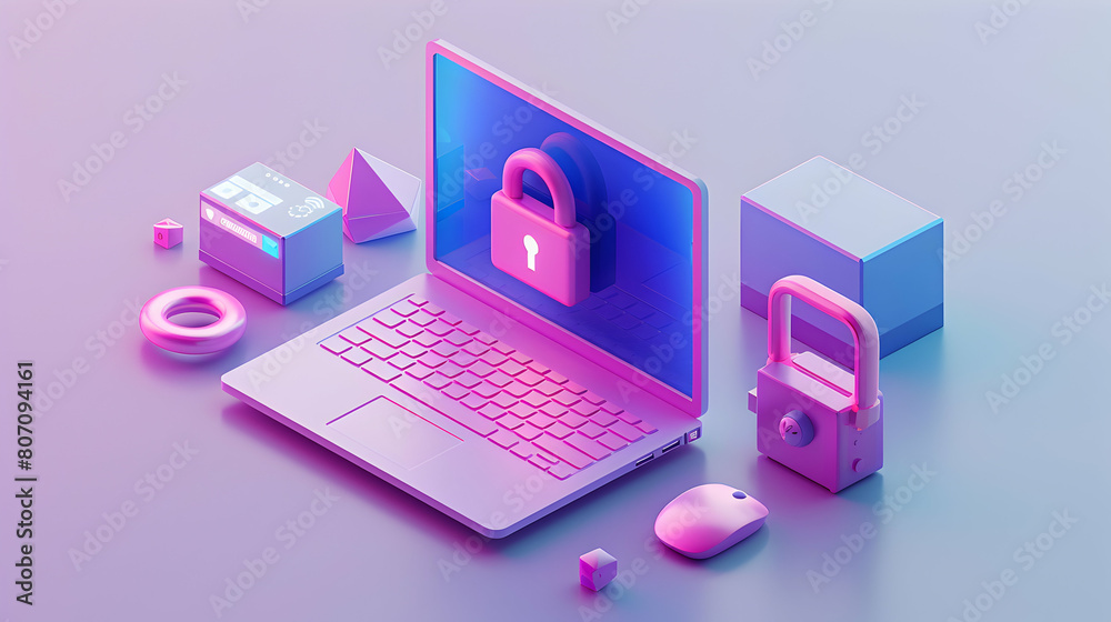 3D Flat Icon: Isometric Laptop with Security Alert Notification Urging Timely Response to Incidents 3D Flat Icon: Isometric Laptop with Security Alert Notification Urging Timely Response to Incidents