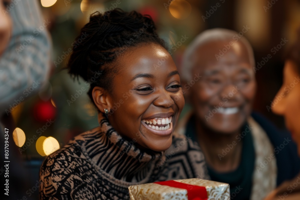 Close-up of a woman's delighted expression as she opens a present surrounded by loved ones at a celebratory gathering. Close-up of a woman's delighted expression as she opens a present surrounded by loved ones at a celebratory gathering.
