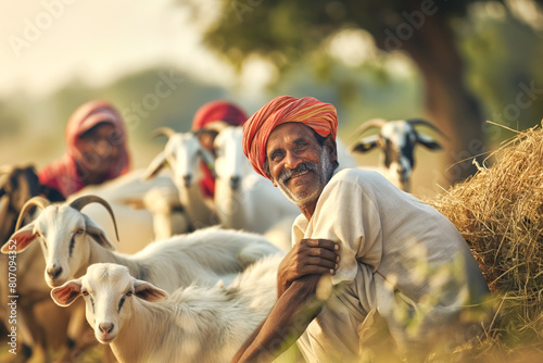 An Indian herder with his flock of sheep and goats for Eid al Adha mubarak, important Muslim festival celebration with the sacrifice of a lamb photo