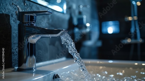 Close-up sink with faucet with running water in bright dark bathroom  