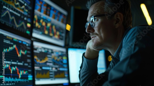 A trader studying stock market data on a computer screen, searching for patterns and trends to inform trading decisions. photo