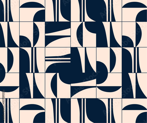 Obraz na płótnie Linear seamless smooth and square abstract pattern drawing with dark blue color on beige background w salonie