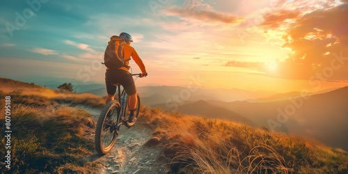 An adventurous mountain biker races along a rugged trail against the backdrop of a stunning mountainous sunset landscape photo
