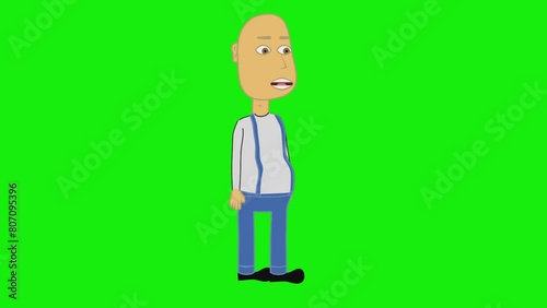 2d animated character of The rotation of a bald man shoutg, wearg a white dress and blue pants, and lookg around. photo