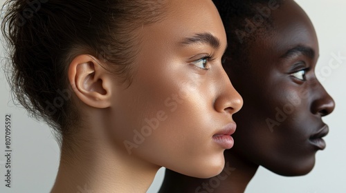 Different races multi races side faces heads African and Caucasian woman close up white background