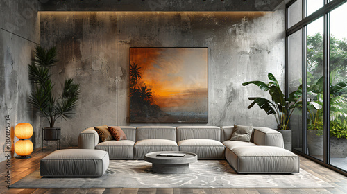 mock up picture in frame in modern living room photo