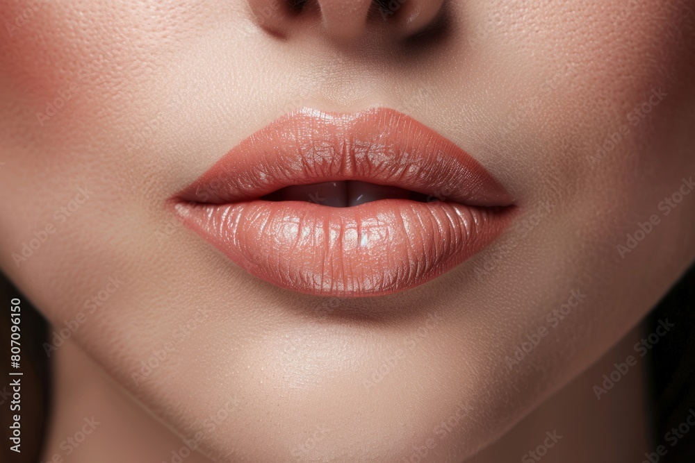 Fototapeta premium Close-up of a woman's lips immediately after Botox injections, showcasing the subtle yet noticeable enhancement.