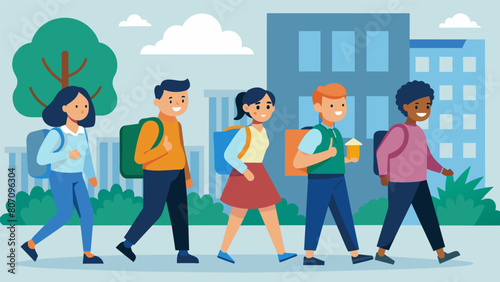 A group of students walking to class chatting about the benefits of starting a savings account or investing in stocks while still in school.. Vector illustration