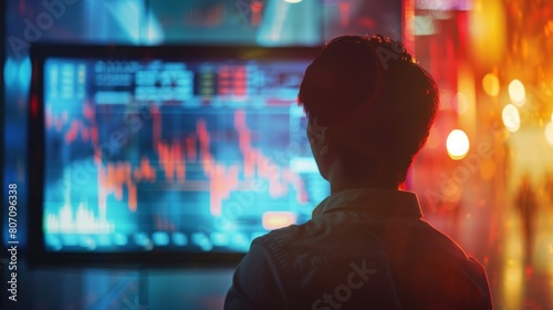 A person watching financial news on a television screen with stock market indices and graphs displayed, reflecting market monitoring and analysis.