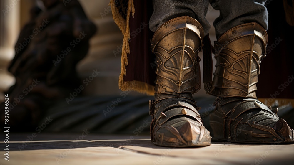 Bronze greaves and sandals symbolizing the warrior's journey. Bronze greaves and sandals symbolizing the warrior's journey.