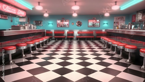 A retro diner background with checkered floors and upscaled 14 photo