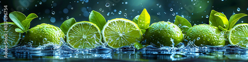 Wide panoramic fruit juice cafe background photo with real set of lime pieces exploding with water splash and floating on water, flowing with clear water splash in blue background