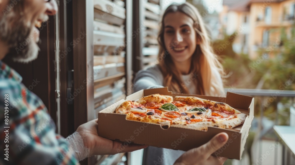 A pizza delivery person handing over a steaming hot box of pizza to a delighted customer at their doorstep, ensuring satisfaction with every bite. A pizza delivery person handing over a steaming hot box of pizza to a delighted customer at their doorstep, ensuring satisfaction with every bite.