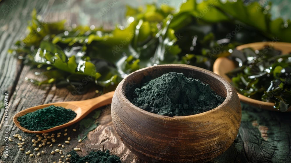 Kelp seaweed and spirulina powder with konbu and seaweed on wooden background Kelp seaweed and spirulina powder with konbu and seaweed on wooden background