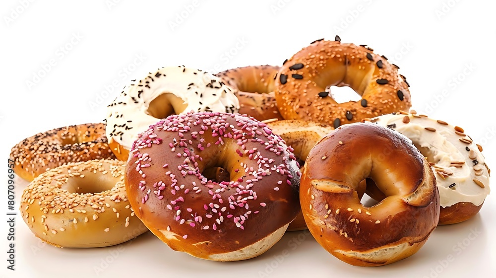 variety of freshly baked bagels with cream cheese and sprinkles on a isolated background variety of freshly baked bagels with cream cheese and sprinkles on a isolated background