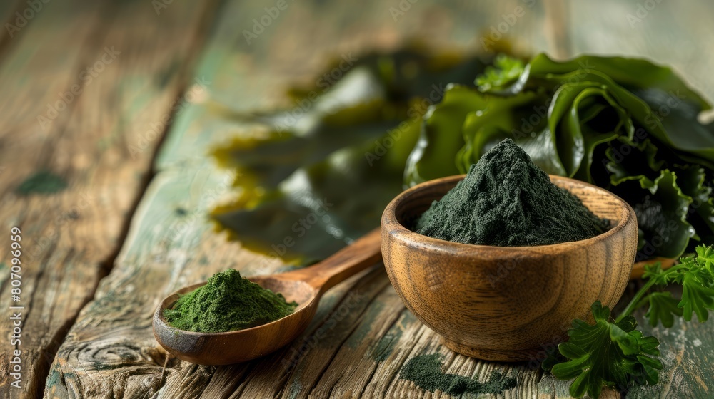 Kelp seaweed and spirulina powder with konbu and seaweed on wooden background Kelp seaweed and spirulina powder with konbu and seaweed on wooden background