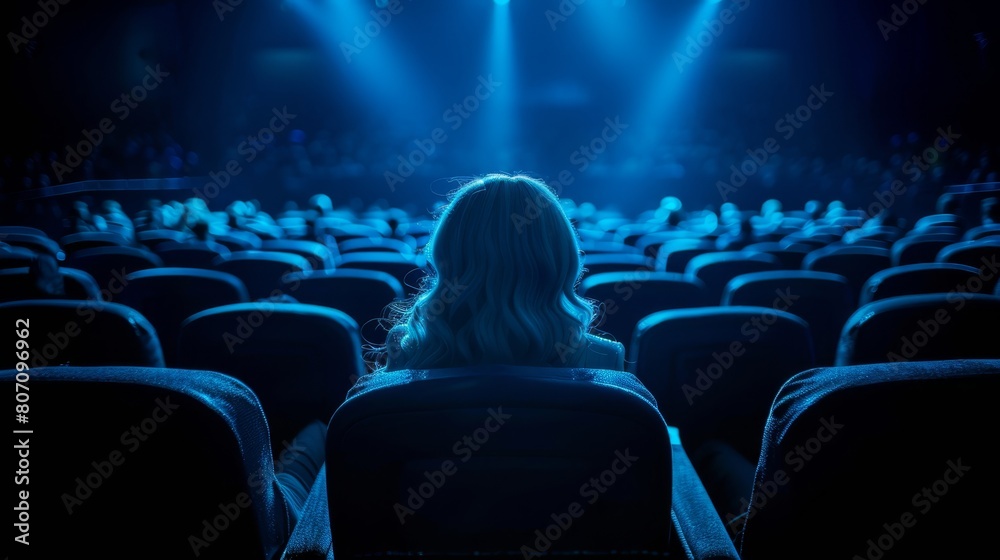 A woman's seated profile, her back facing forward, at a theater with rows of chairs behind A woman's seated profile, her back facing forward, at a theater with rows of chairs behind