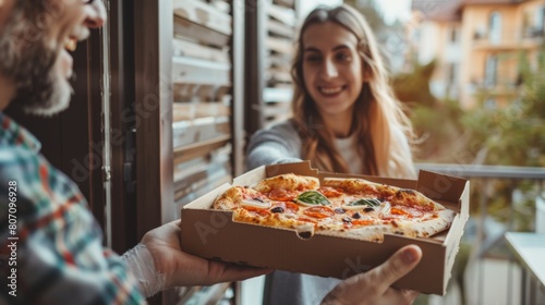 A pizza delivery person handing over a steaming hot box of pizza to a delighted customer at their doorstep  ensuring satisfaction with every bite.