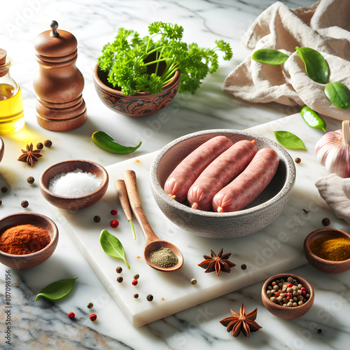 Vedarai Lithuanian Sausage with Herbs on Marble Counter photo