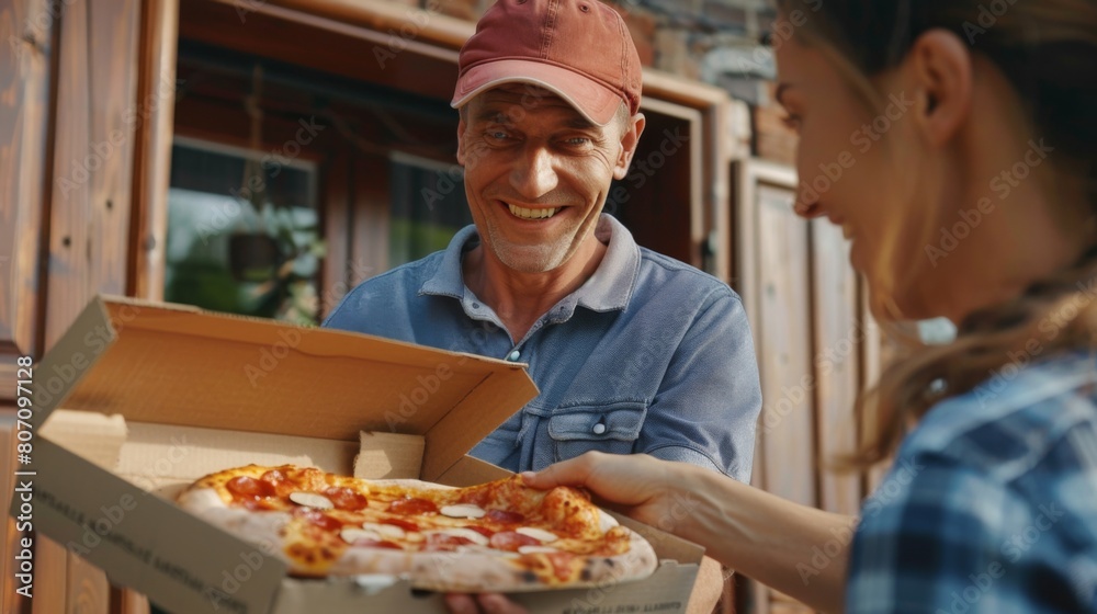 A pizza delivery person handing over a steaming hot box of pizza to a delighted customer at their doorstep, ensuring satisfaction with every bite. A pizza delivery person handing over a steaming hot box of pizza to a delighted customer at their doorstep, ensuring satisfaction with every bite.
