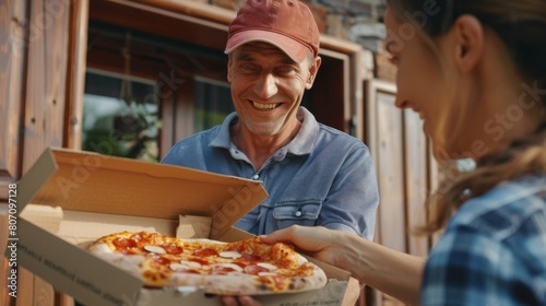 A pizza delivery person handing over a steaming hot box of pizza to a delighted customer at their doorstep  ensuring satisfaction with every bite.