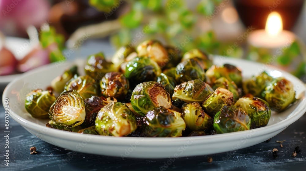 Roasted brussels sprouts in a white plate on the table Roasted brussels sprouts in a white plate on the table