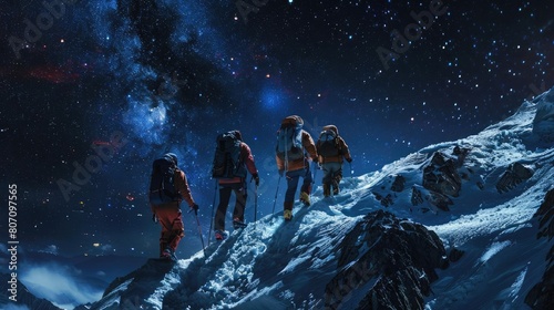 This image captures a group of mountaineers ascending a snowy slope under the mesmerizing starry night sky, highlighting the awe-inspiring yet challenging journey of mountain climbing photo