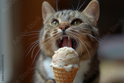 Meme. The cat licks and aggressively bites the vanilla ice cream cone. This image creates a playful and fun vibe, perfect for pet-related content or humorous ads. photo