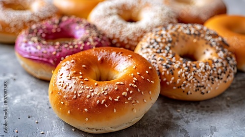 variety of freshly baked bagels with cream cheese and sprinkles on a table