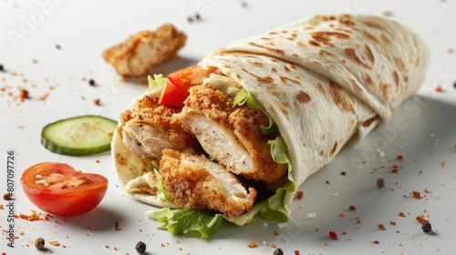 Food photography. Chicken wrap with tomatoes, cucumber, pickled cucumber, mixed salad and Greek yogurt sauce with grain mustard.