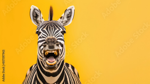 A joyful zebra opens its mouth as if laughing  set against a vibrant yellow backdrop  providing a striking and cheerful image