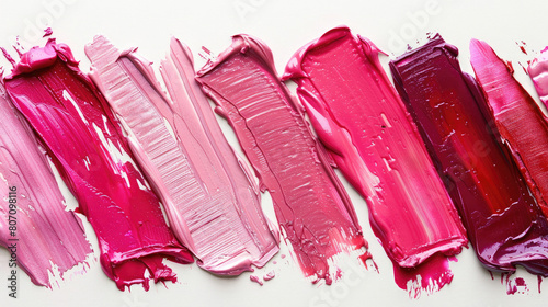 Smudged lipstick ranging from vibrant pink to deep berry shades displayed in a creative pattern on a clean white surface photo