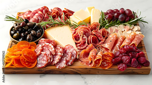 artfully arranged charcuterie board with assorted meats and cheeses, accompanied by a silver bowl and a white cheese, accompanied by an orange flower