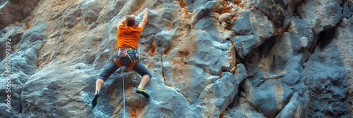 A lone climber, secured with ropes and harness, scales a challenging orange and gray rock wall against a clear sky background photo