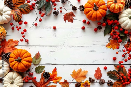 Festive autumn decor from pumpkins  berries and leaves on a white wooden background. Concept of Thanksgiving day or Halloween. 