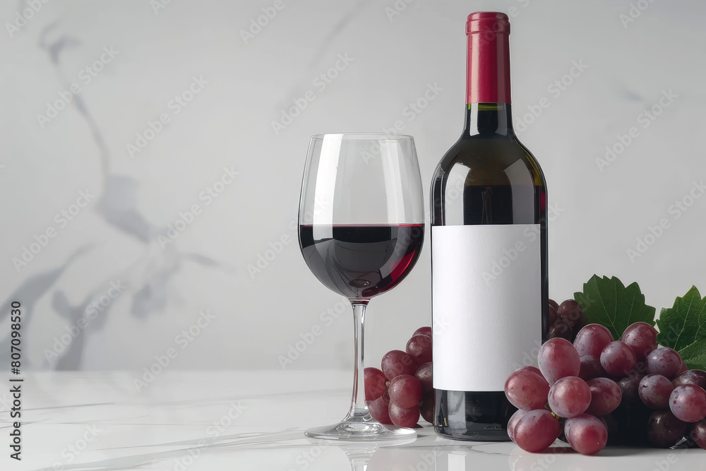 Obraz premium A red wine bottle with a wine glass and a bunch of grapes