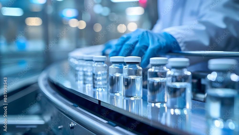 Pharmacist inspects vials on conveyor belt in pharmaceutical factory with gloves. Concept Healthcare, Pharmacy, Production Line, Occupational Safety, Pharmaceutical Manufacturing