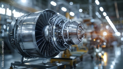 Cuttingedge jet engine in futuristic factory undergoing advanced research and development. Concept Jet Engine Development, Futuristic Factory, Advanced Research, Cutting-edge Technology