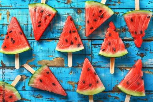 Watermelon slice popsicles on a blue rustic wood background 
