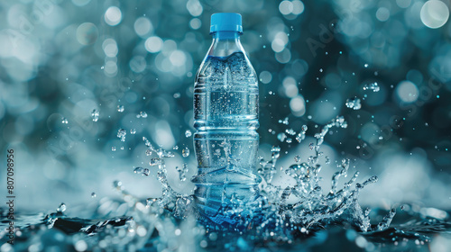 A crystal-clear water bottle is captured amidst an explosive splash, symbolizing purity and vitality