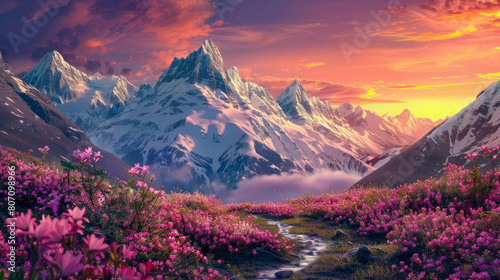 Majestic snowy peaks towering over a valley of blooming flowers bathed in golden light at sunset
