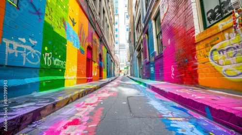 A rainbow-colored street art mural decorating a city alleyway  adding vibrancy and culture to the urban landscape.