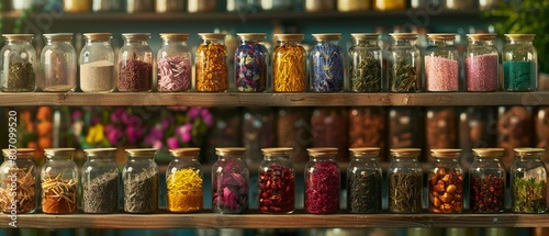 Tea healing remedies, an apothecary shelf of herbal teas, each with its own story and healing properties